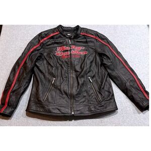 Harley Davidson Womens 2XL Black Leather Red Racing Stripe Motorcycle Jacket